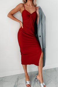 Mon Cheri Twist Knot Ribbed Midi Dress (Red Cranberry) - NanaMacs
