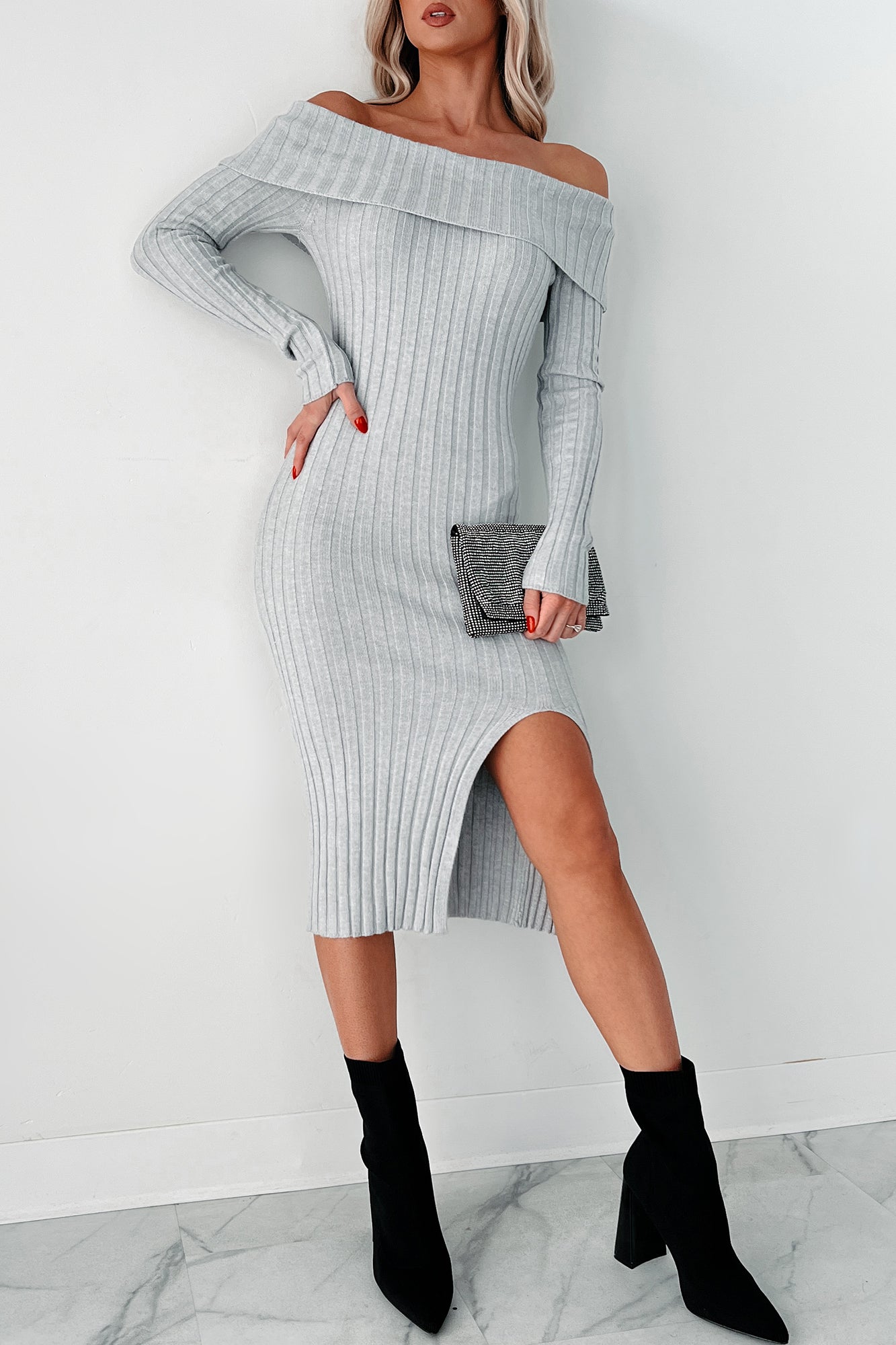 Leah Off The Shoulder Sweater Dress (Light Heather Grey) · NanaMacs