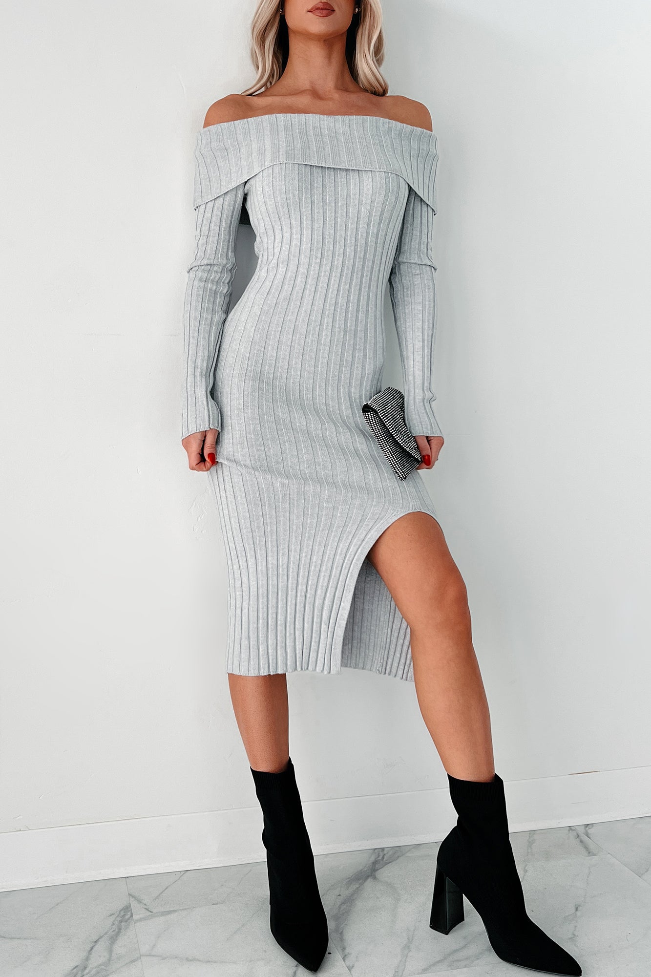 Women's Leah Off The Shoulder Sweater Dress in Light Heather Grey
