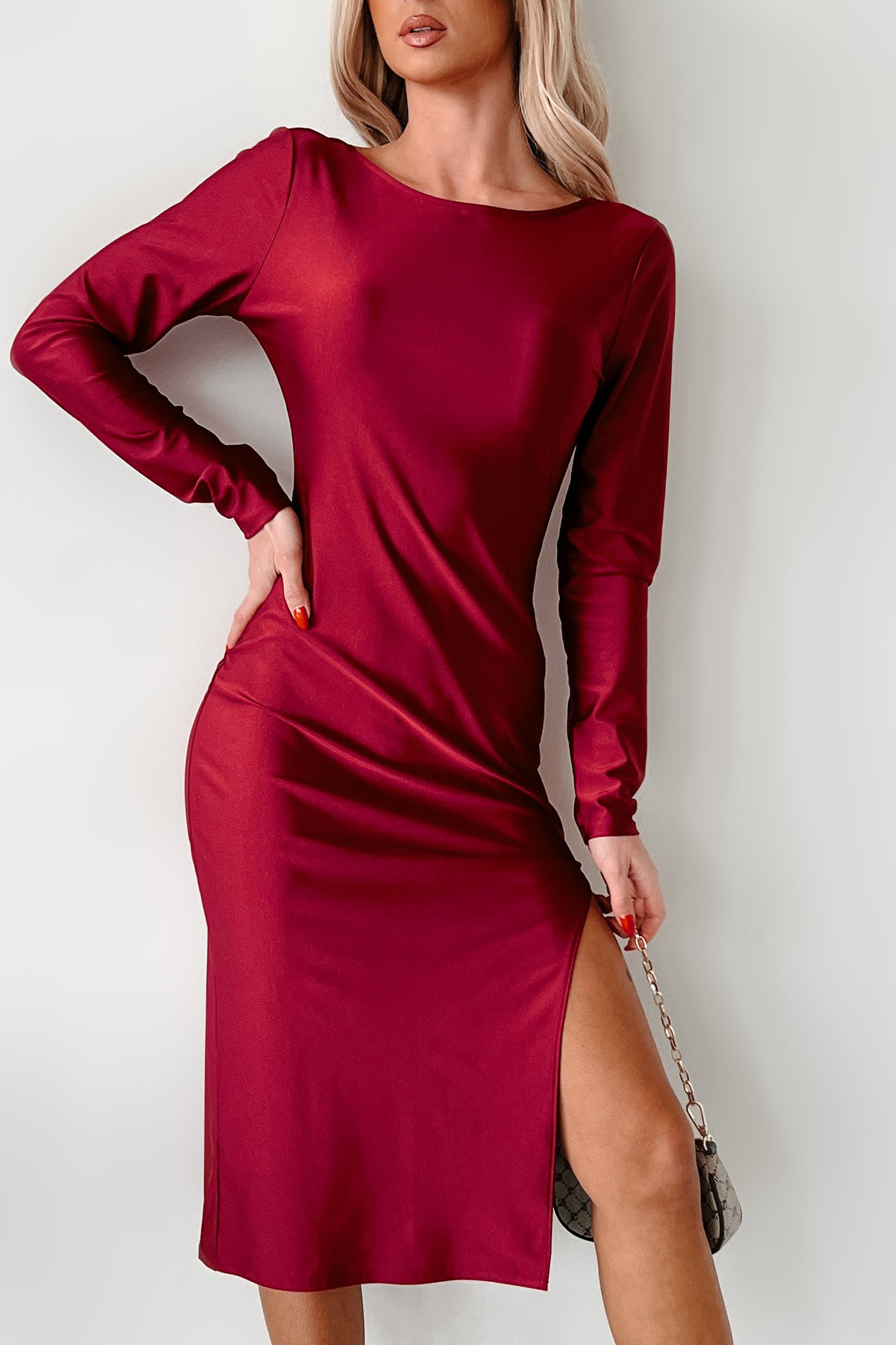 Women's Style Essence Long Sleeve Midi Dress in Burgundy Red - Size L Women's Style Essence Long Sleeve Midi Dress in Burgundy Red - Size L