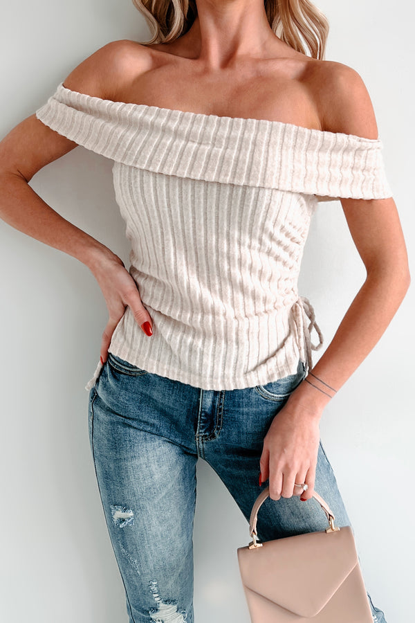 I'm Still Deciding Off The Shoulder Drawstring Side Top (Cream) - NanaMacs