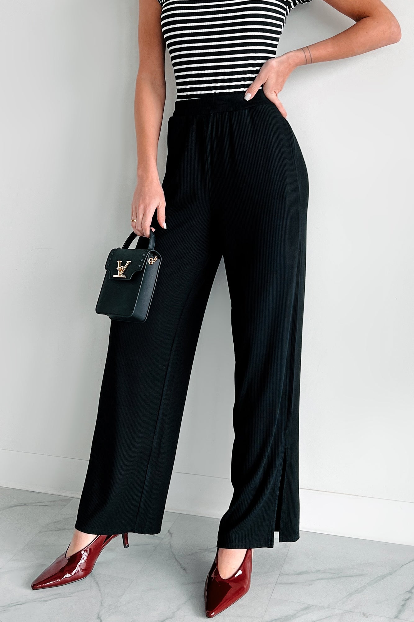 Can't Be Bothered Ribbed Knit Wide Leg Pants (Black) · NanaMacs