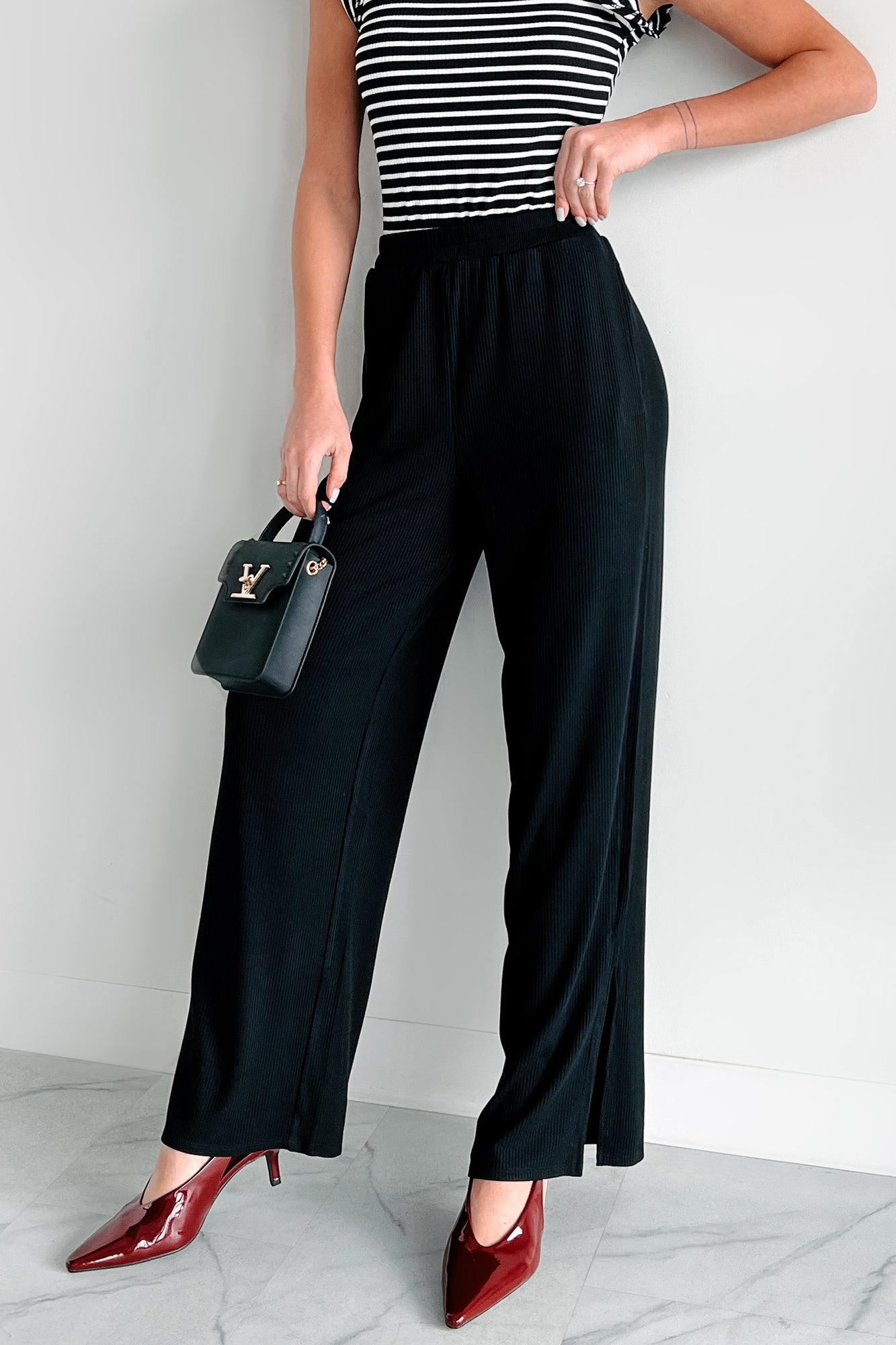 Can't Be Bothered Ribbed Knit Wide Leg Pants (Black) · NanaMacs