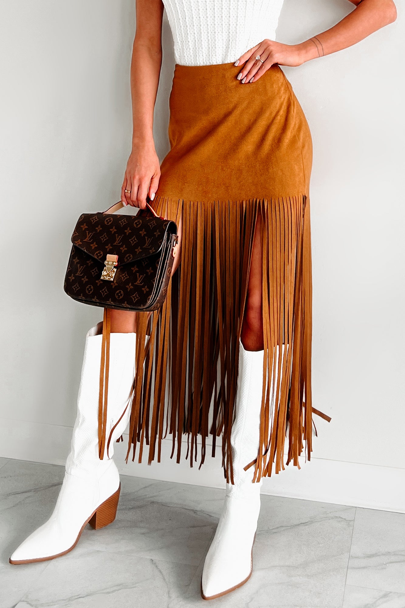 Merla Faux Suede Fringe Skirt (Camel) · NanaMacs