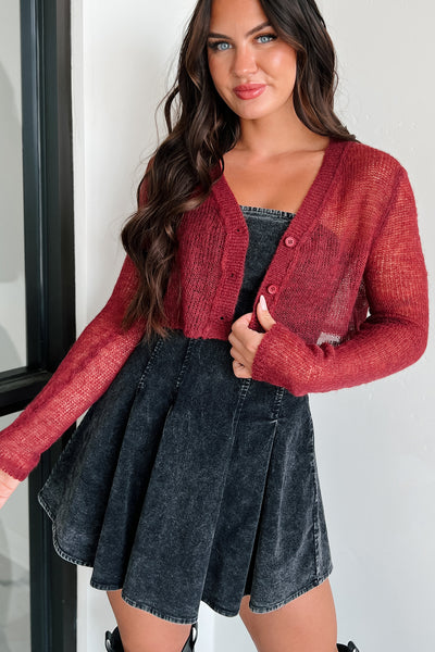 Felicity Open Knit Crop Cardigan (Wine) - NanaMacs