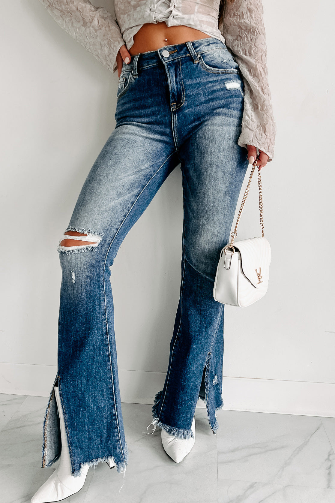 High-rise Bell-bottom Jeans, Semi-stretch High Waist Boot-cut Flare