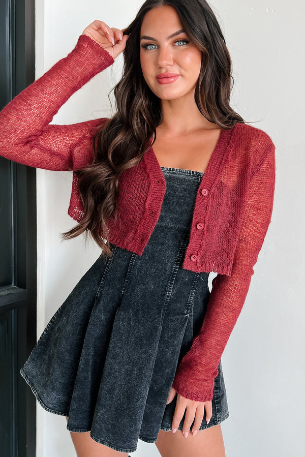 Felicity Open Knit Crop Cardigan (Wine) - NanaMacs