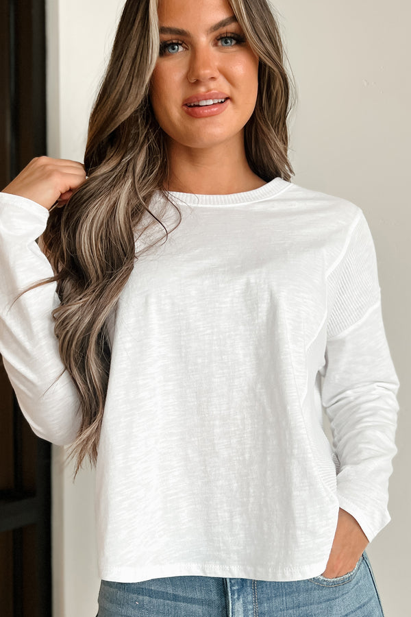 I'm Off Duty Contrast Ribbed Long Sleeve Top (Off White) - NanaMacs