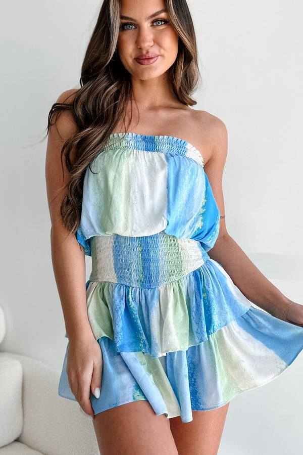 Trendy In Tulum Strapless Ruffled Romper Dress (Blue Multi) - NanaMacs