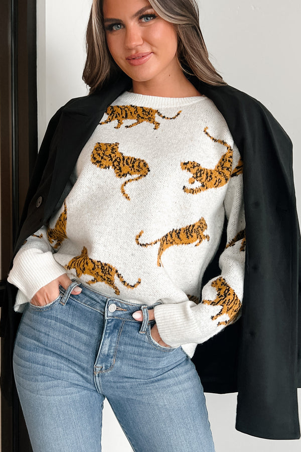 Bad Cattitude Tiger Print Sweater (Ivory) - NanaMacs