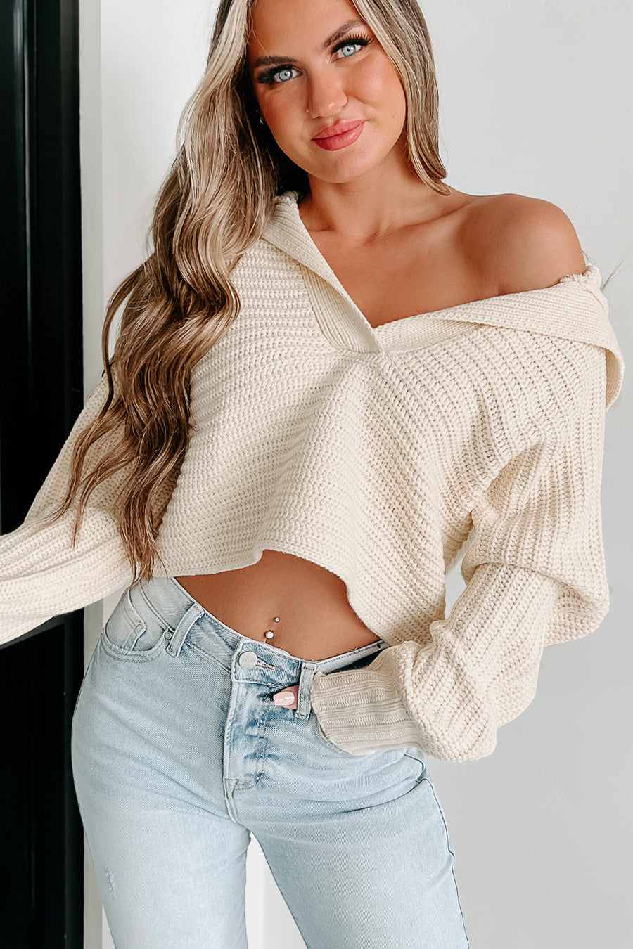 Can't Talk Right Now Collared Crop Sweater (Cream) - NanaMacs