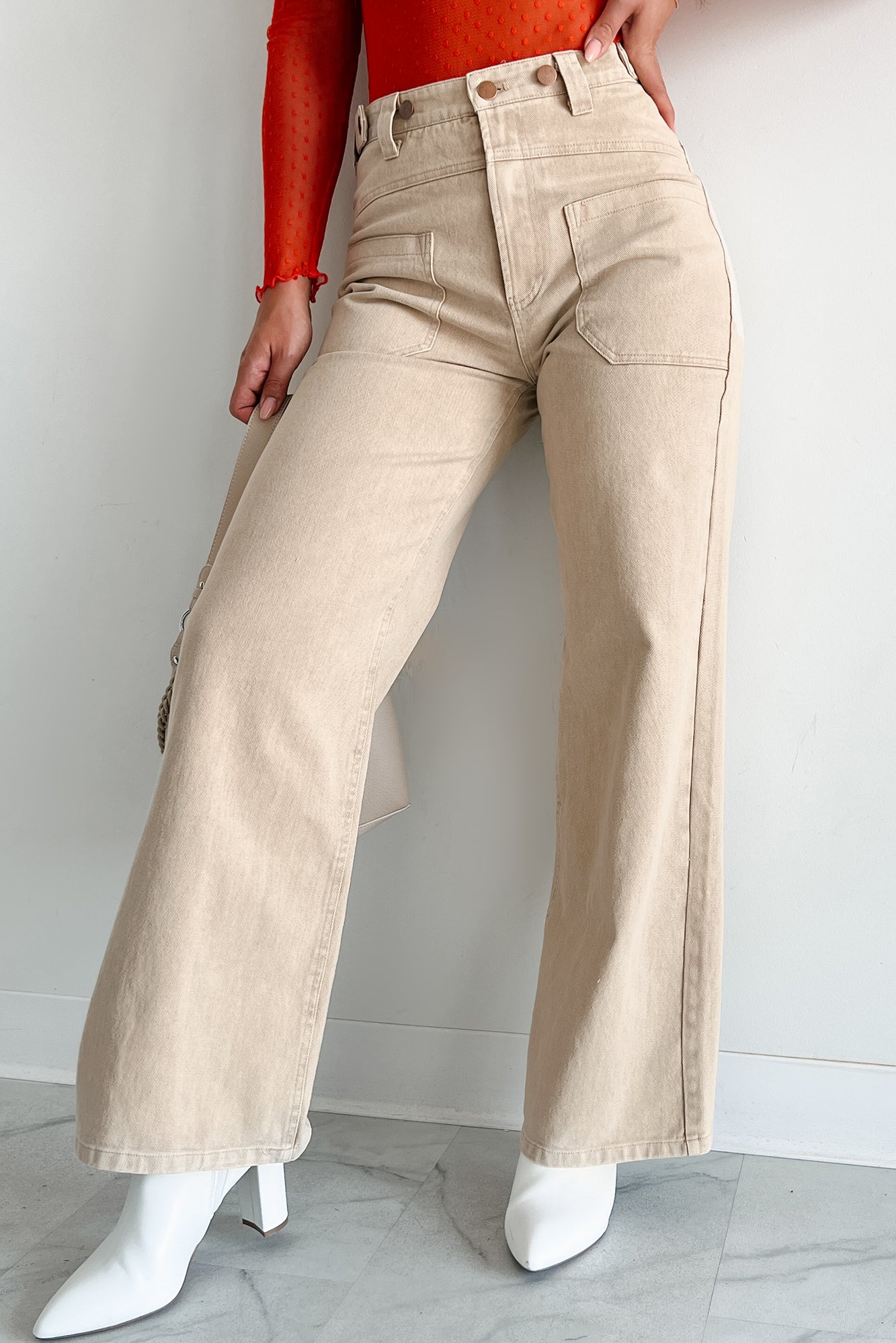 Destry High Waisted Wide Leg Jeans (Beige) - NanaMacs