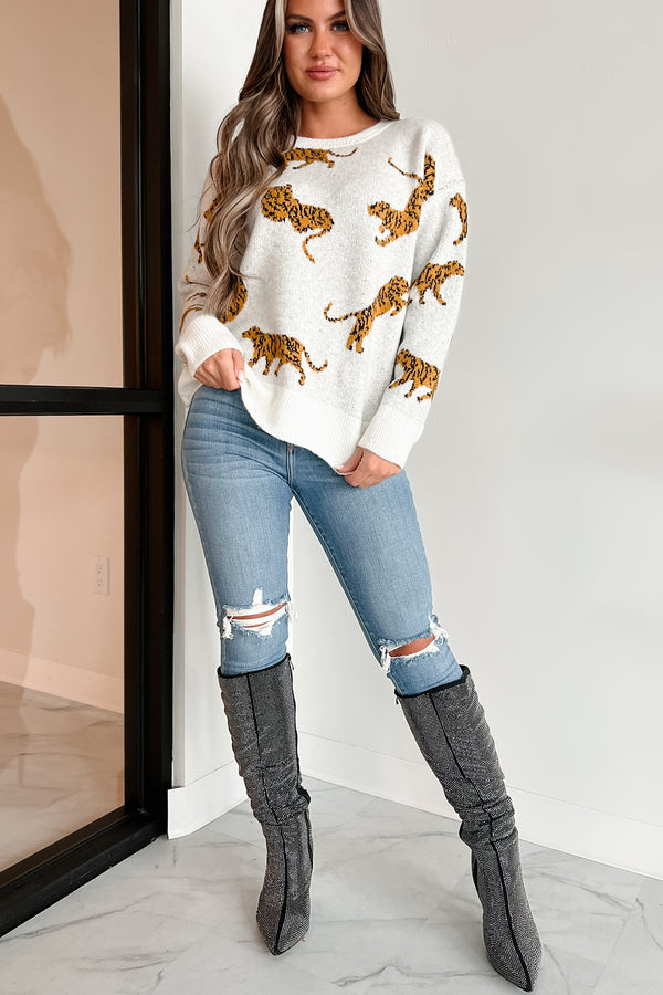 Bad Cattitude Tiger Print Sweater (Ivory) - NanaMacs