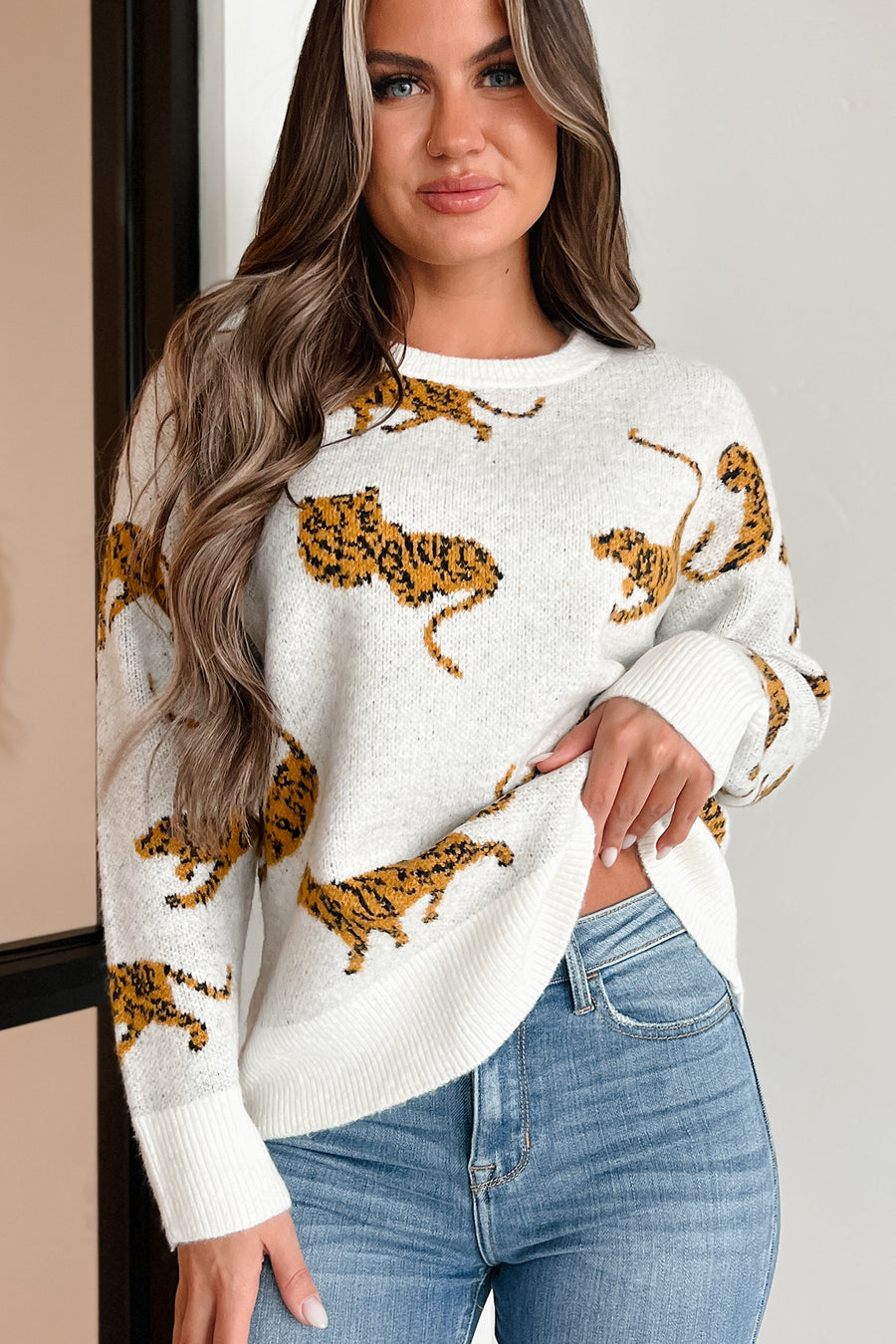 Bad Cattitude Tiger Print Sweater (Ivory) - NanaMacs
