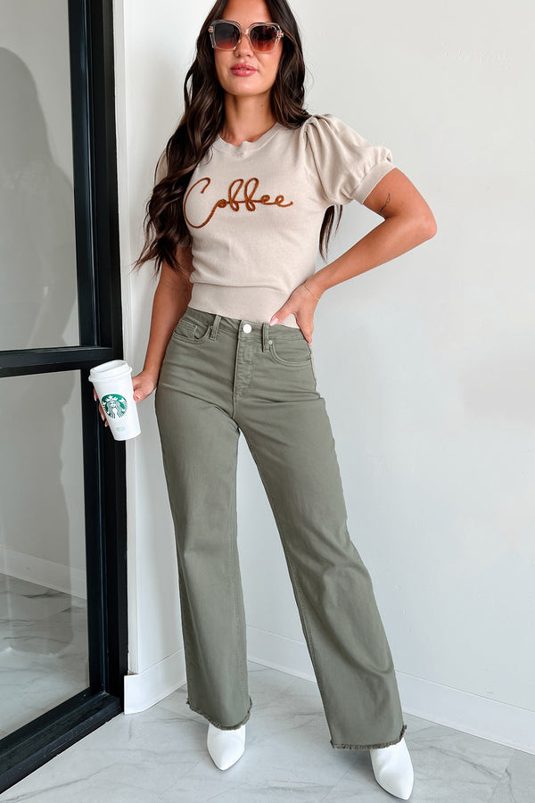 Drink Of Choice 'Coffee' Embroidered Sweater Top (Sand/Brown) - NanaMacs