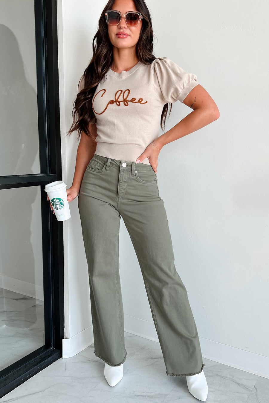 Drink Of Choice 'Coffee' Embroidered Sweater Top (Sand/Brown)