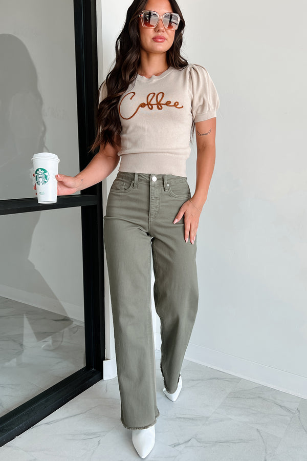 Drink Of Choice 'Coffee' Embroidered Sweater Top (Sand/Brown) - NanaMacs