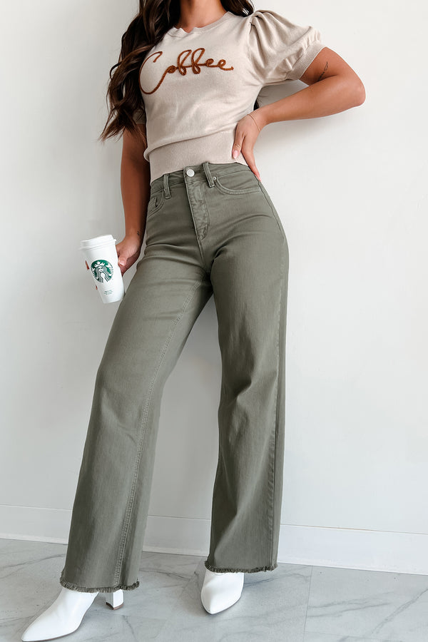 Afton Wide Leg Frayed Hem YMI Jeans (Olive) - NanaMacs