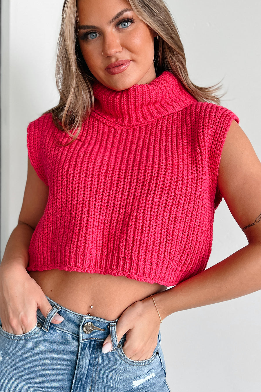 In My Fun Era Sleeveless Crop Turtleneck Sweater (Hot Pink) - NanaMacs