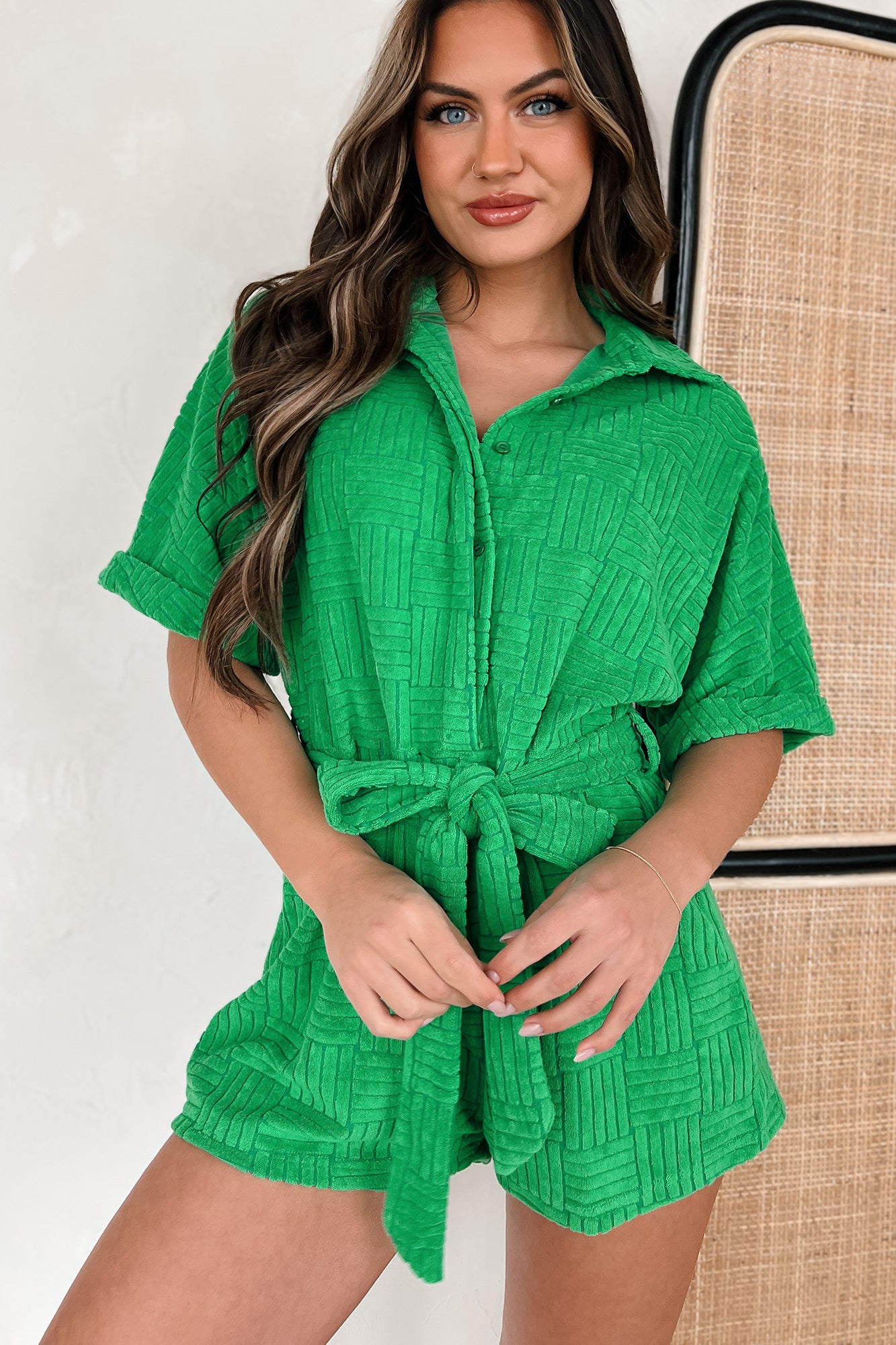Praying For Sunshine Belted Terry Cloth Romper (Kelly Green) - NanaMacs