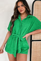 Praying For Sunshine Belted Terry Cloth Romper (Kelly Green) - NanaMacs