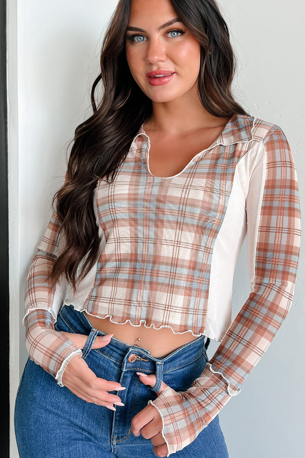 Syllabus Day Contrast Plaid Mesh Top (Taupe) - NanaMacs