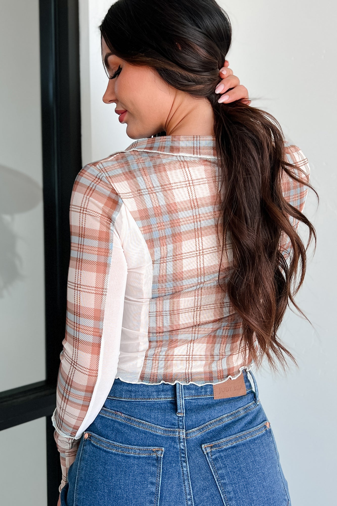 Syllabus Day Contrast Plaid Mesh Top (Taupe) - NanaMacs