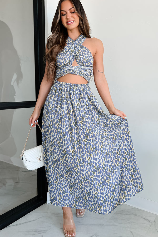 Tuning Out The World Printed Tie-Wrap Maxi Dress (Blue/Yellow) - NanaMacs