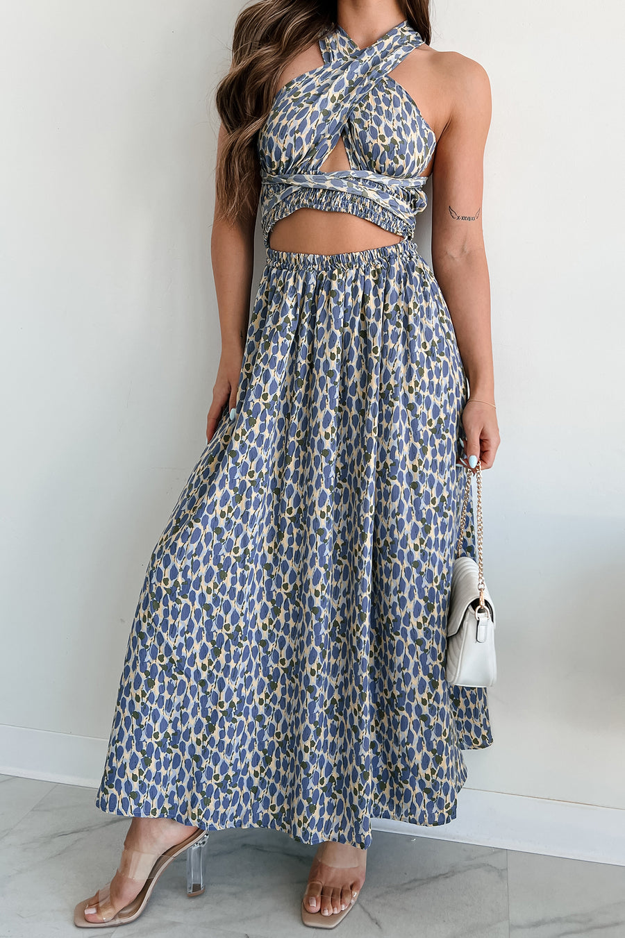 Tuning Out The World Printed Tie-Wrap Maxi Dress (Blue/Yellow) - NanaMacs