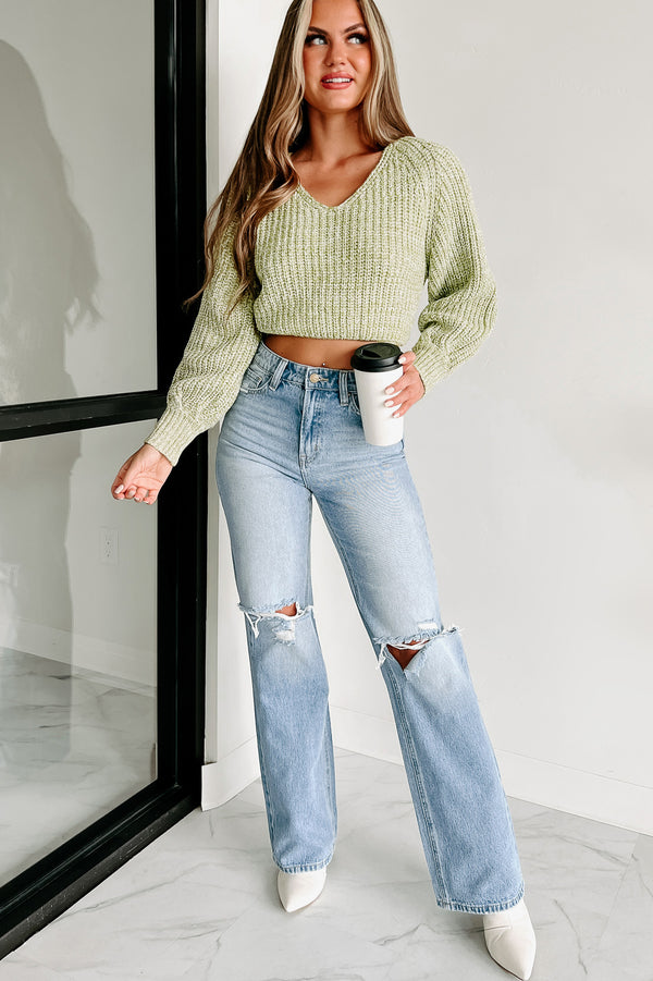 On The Flip Side Open Back Wrap Tie Crop Sweater (Green) - NanaMacs