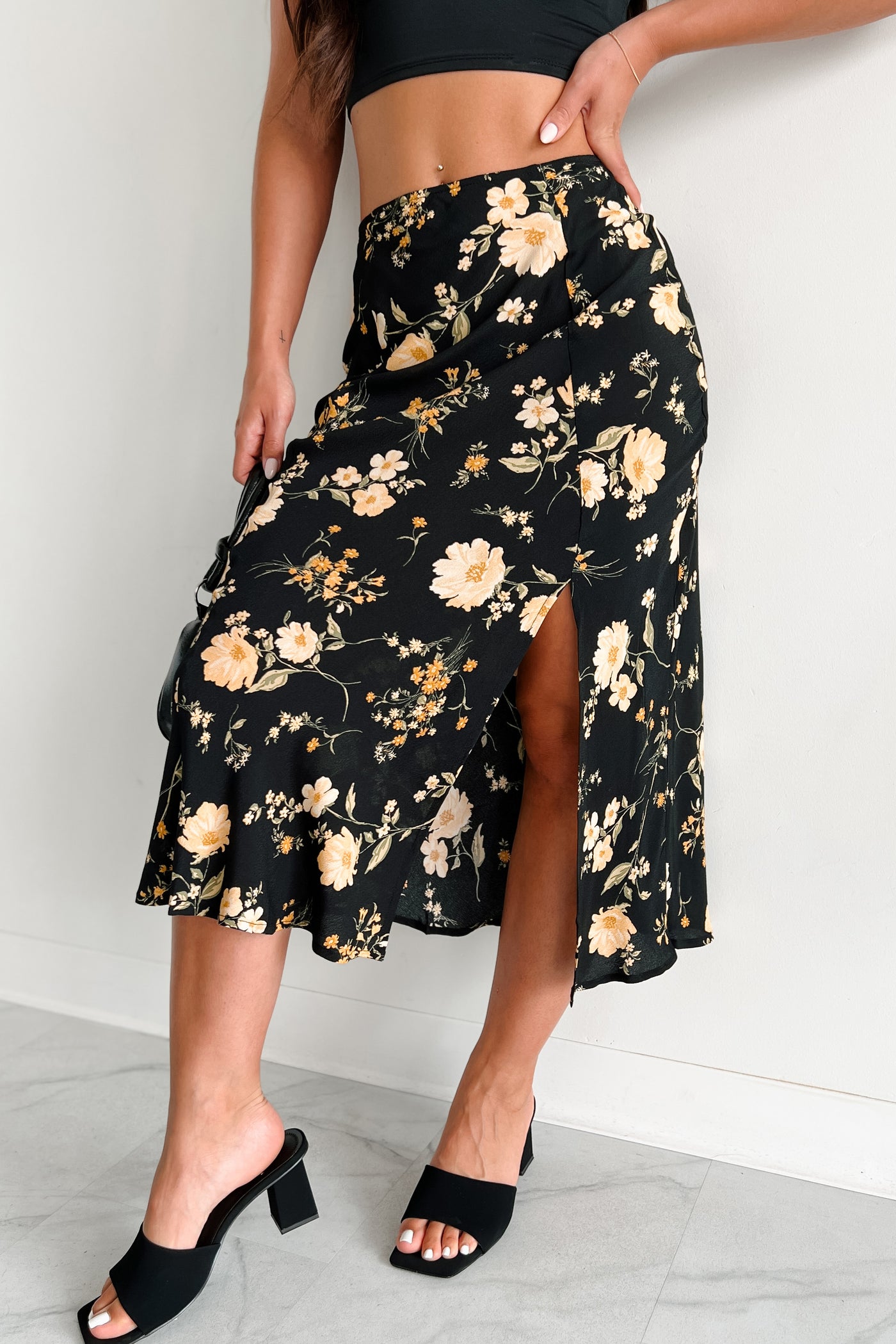 Sweet Tendencies Floral Midi Skirt (Black Multi) - NanaMacs