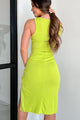 Charming Idea Ruched Slit Bodycon Midi Dress (Lime Green) - NanaMacs