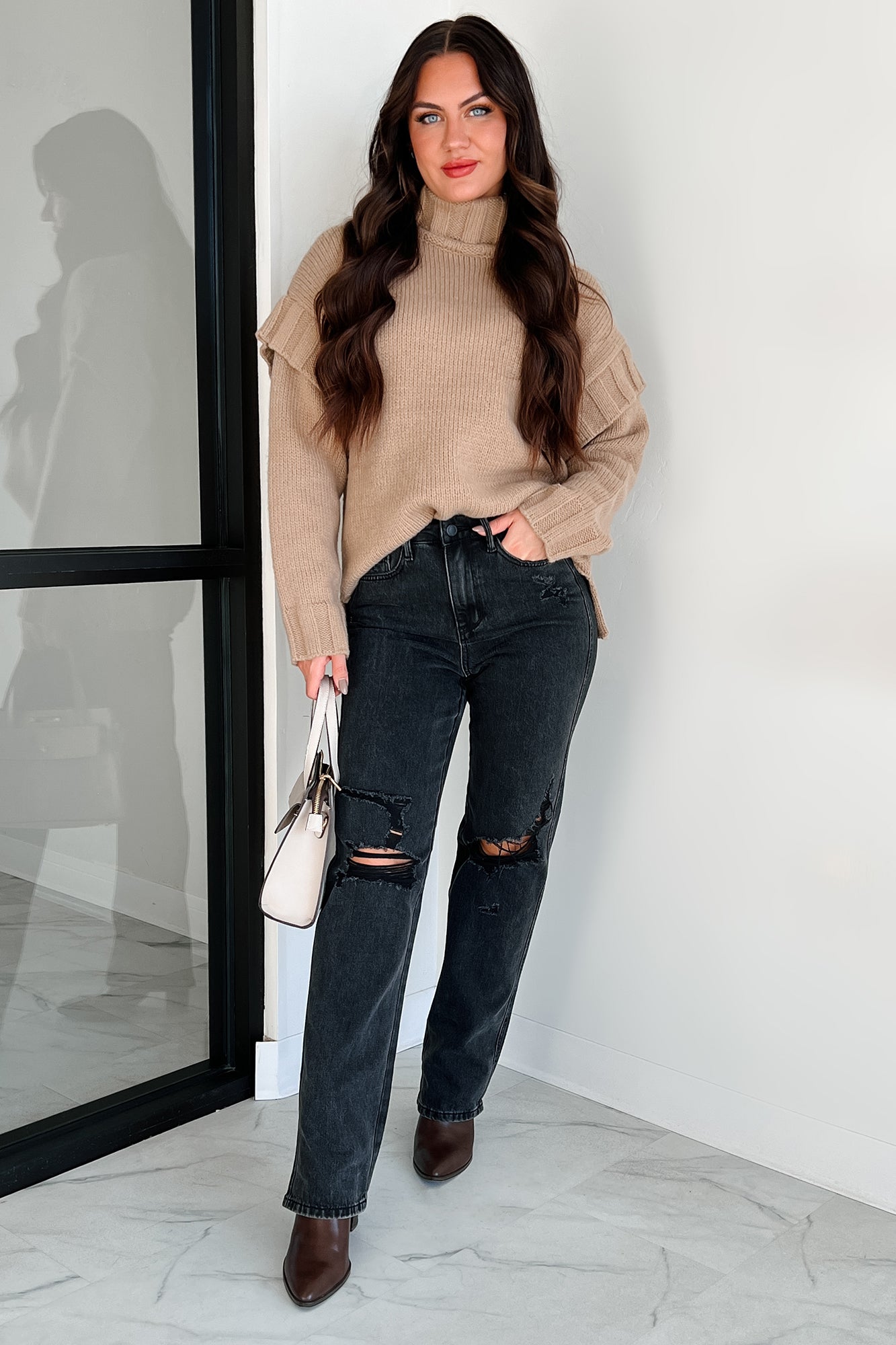 Staying Connected Oversized Turtleneck Sweater (Taupe) - NanaMacs