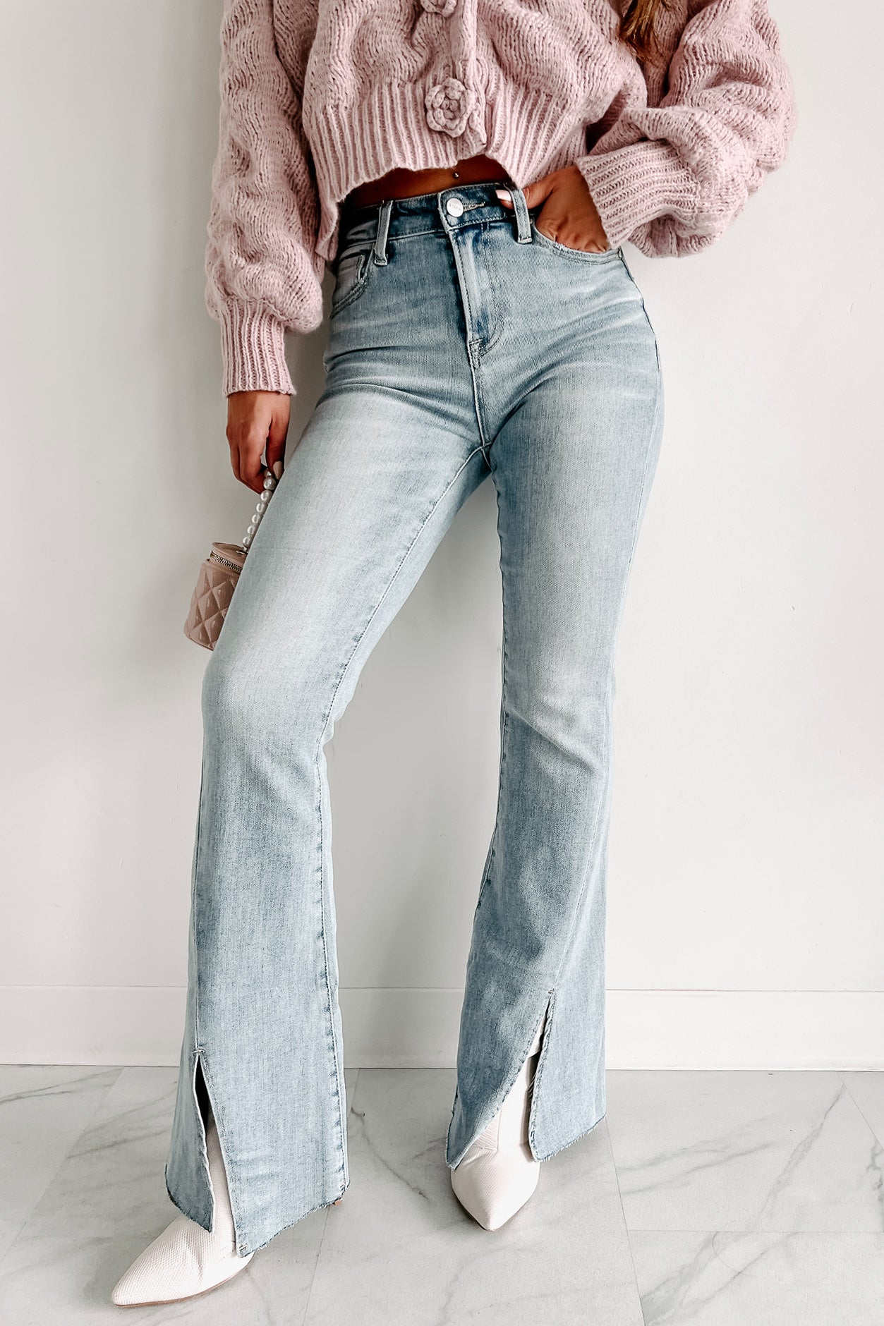 Calliope High Rise Split Hem Risen Flare Jeans (Light) - NanaMacs