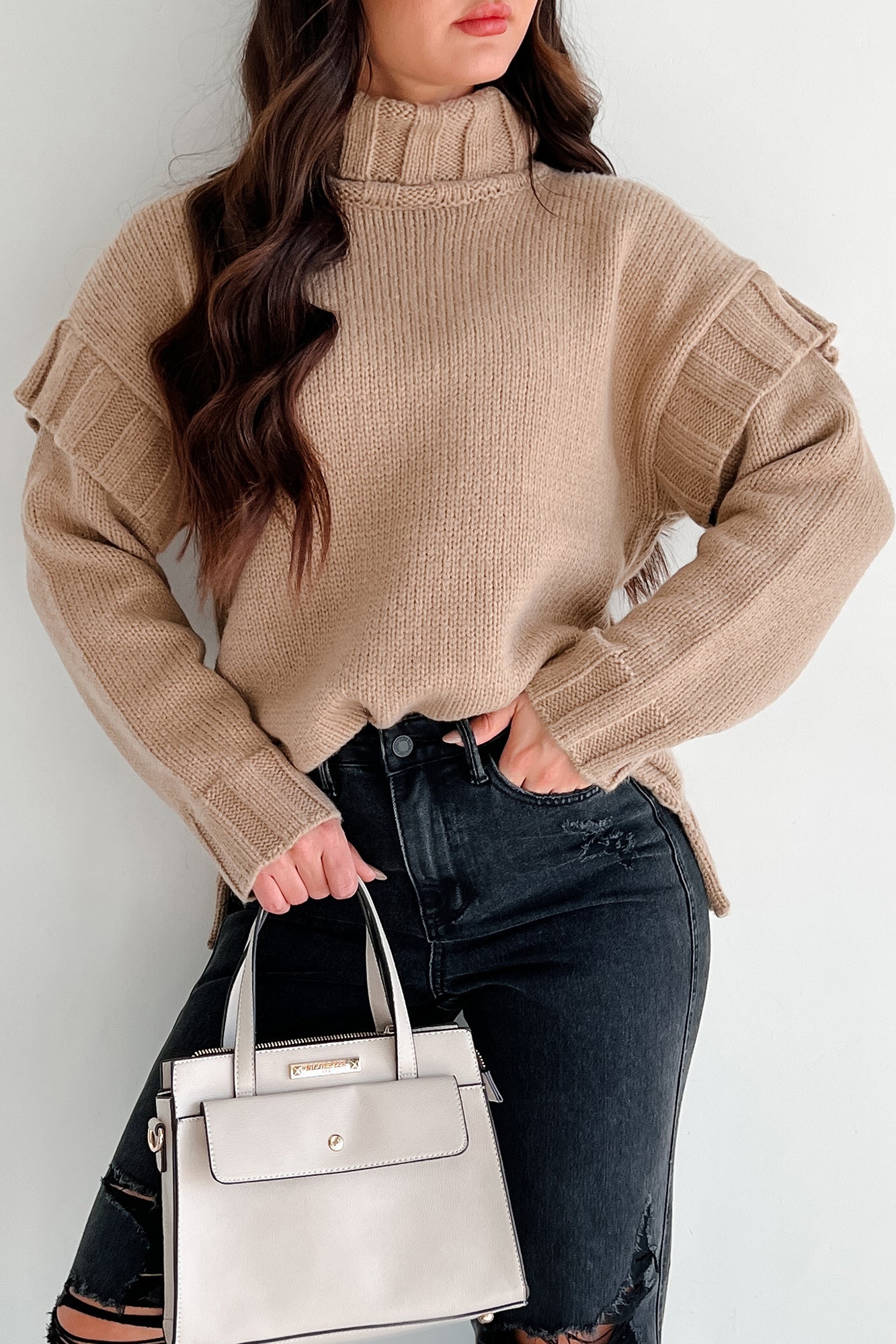 Staying Connected Oversized Turtleneck Sweater (Taupe) - NanaMacs