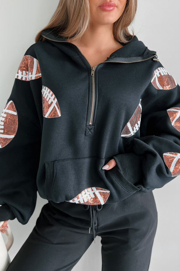 Kickoff Time Half-Zip Sequin Football Patch Hoodie (Black) - NanaMacs