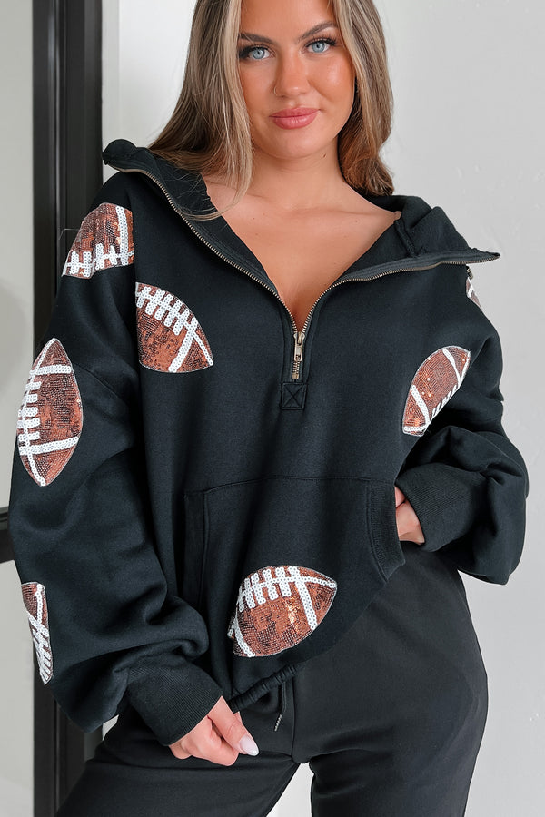 Kickoff Time Half-Zip Sequin Football Patch Hoodie (Black) - NanaMacs