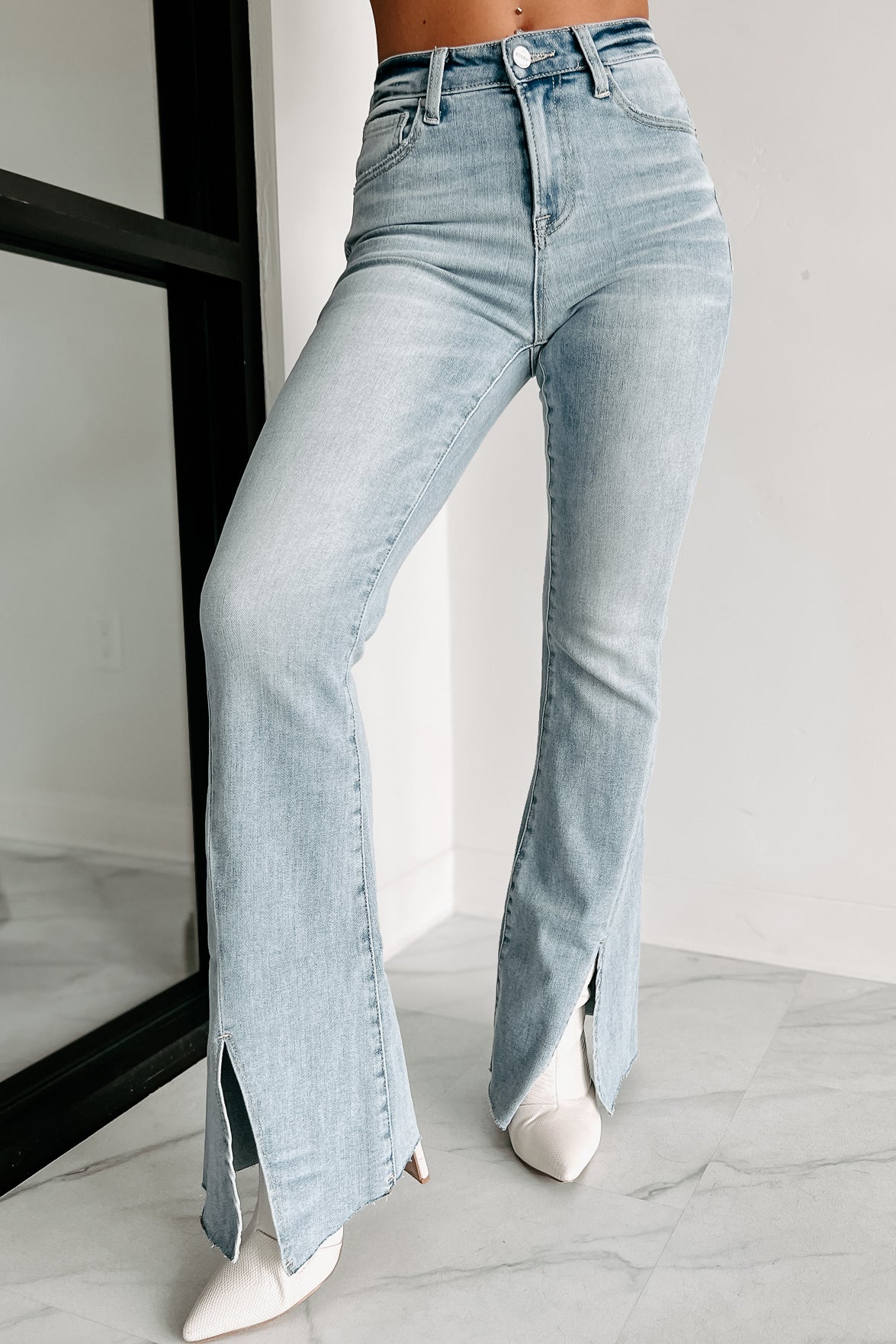 Calliope High Rise Split Hem Risen Flare Jeans (Light) - NanaMacs