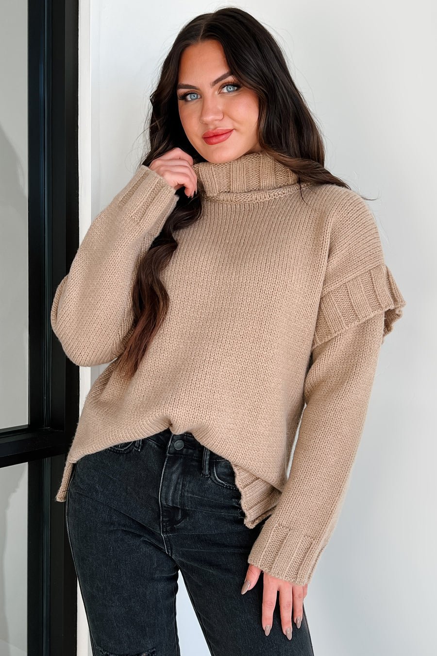 Staying Connected Oversized Turtleneck Sweater (Taupe) - NanaMacs