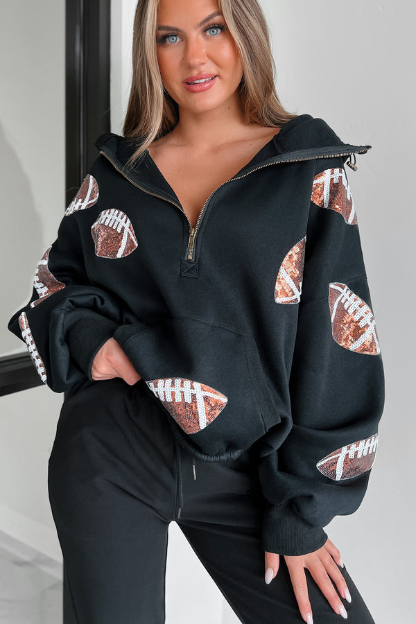 Kickoff Time Half-Zip Sequin Football Patch Hoodie (Black) - NanaMacs