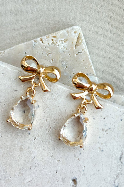 Oh So Sweet Teardrop Bow Earrings (Gold/Clear) - NanaMacs