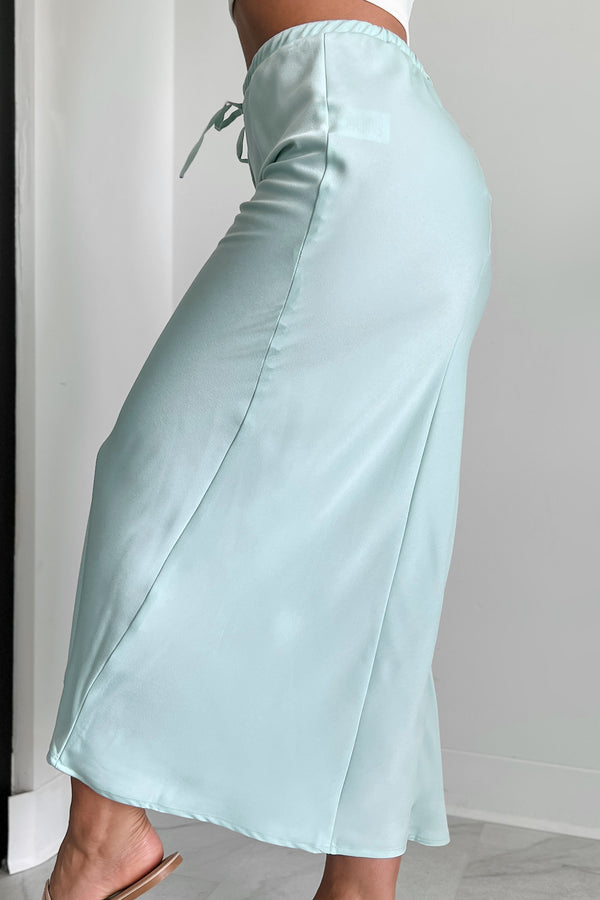 Such A Dreamer Drawstring Waist Satin Midi Skirt (Light Seagreen) - NanaMacs