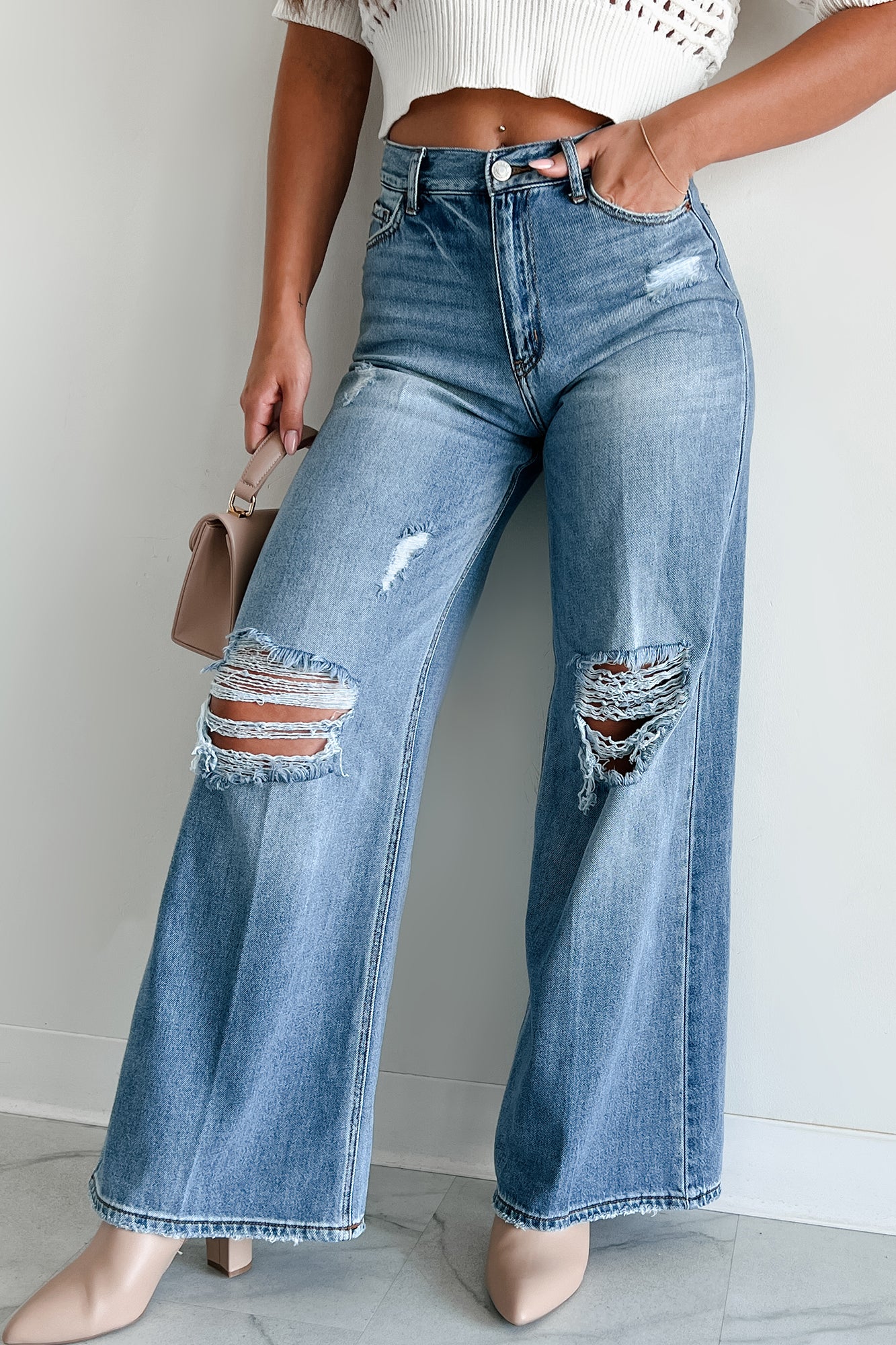 Devlin Cello Distressed Knee Wide Leg Jeans (Medium Light Wash) - NanaMacs