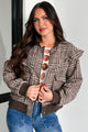 True Trailblazer Plaid Ruffle Bomber Jacket (Brown) - NanaMacs