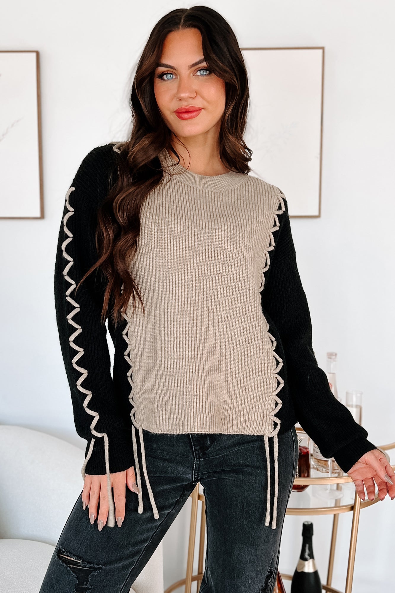 Fall Into Place Colorblock Sweater (Taupe/Black) - NanaMacs