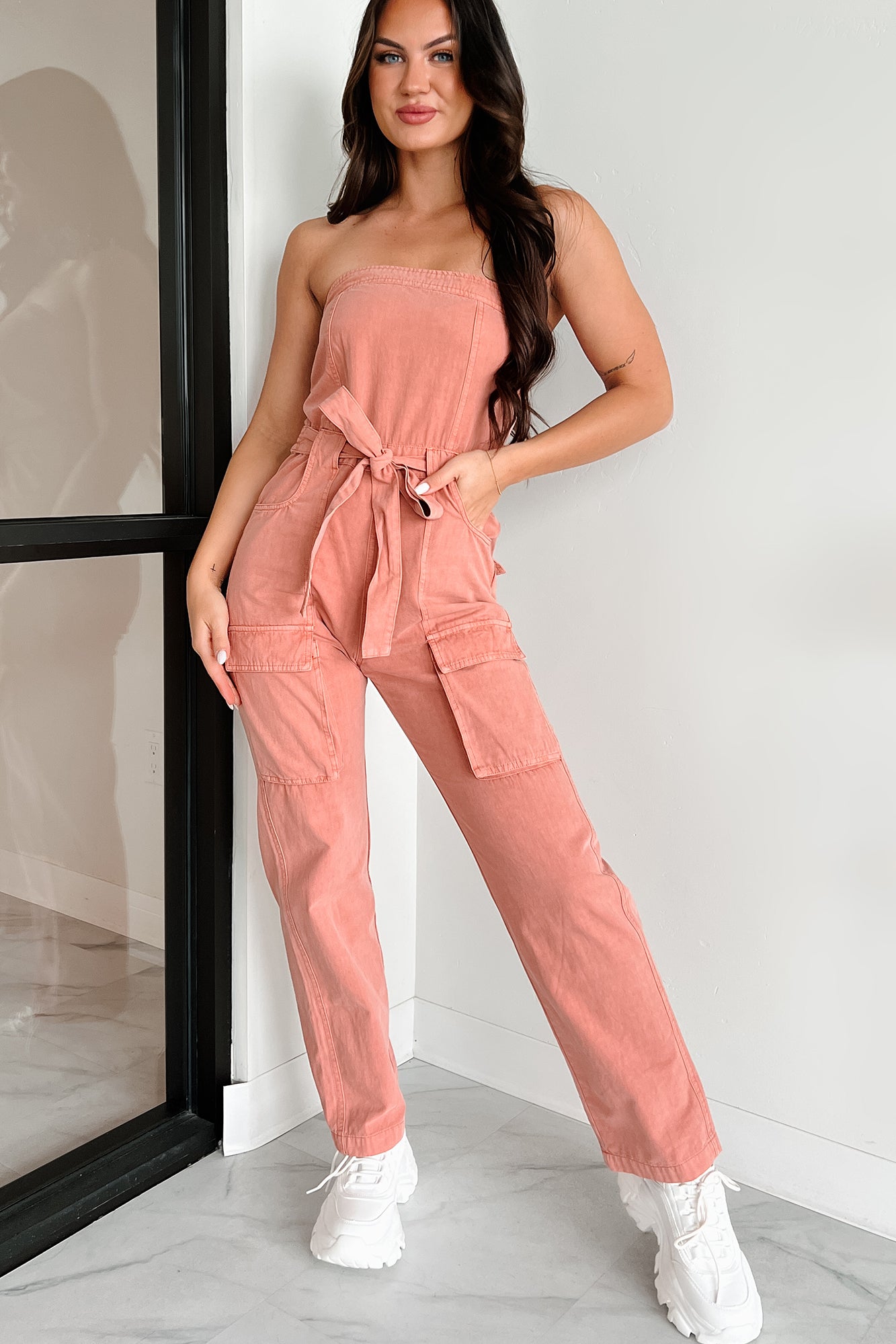 It's Always Complicated Strapless Cargo Jumpsuit (Terracotta) - NanaMacs