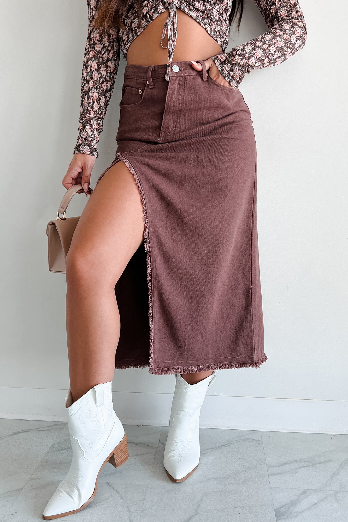 Giada Frayed Denim Skirt (Brown) - NanaMacs