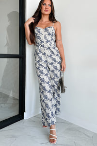 Midnight Oasis Zip-Front Printed Wide Leg Jumpsuit (Grey/Navy) - NanaMacs