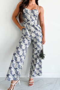 Midnight Oasis Zip-Front Printed Wide Leg Jumpsuit (Grey/Navy) - NanaMacs