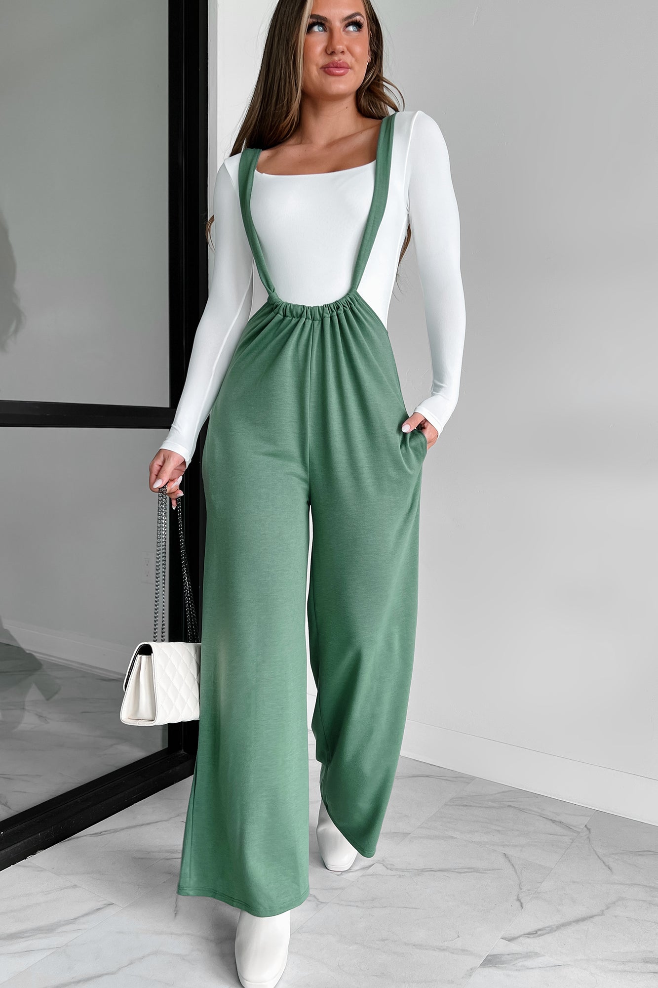 Message Received Wide Leg Suspender Jumpsuit (Military Green) - NanaMacs